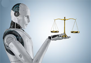 Representación de la regulación de la inteligencia artificial con balanza de justicia